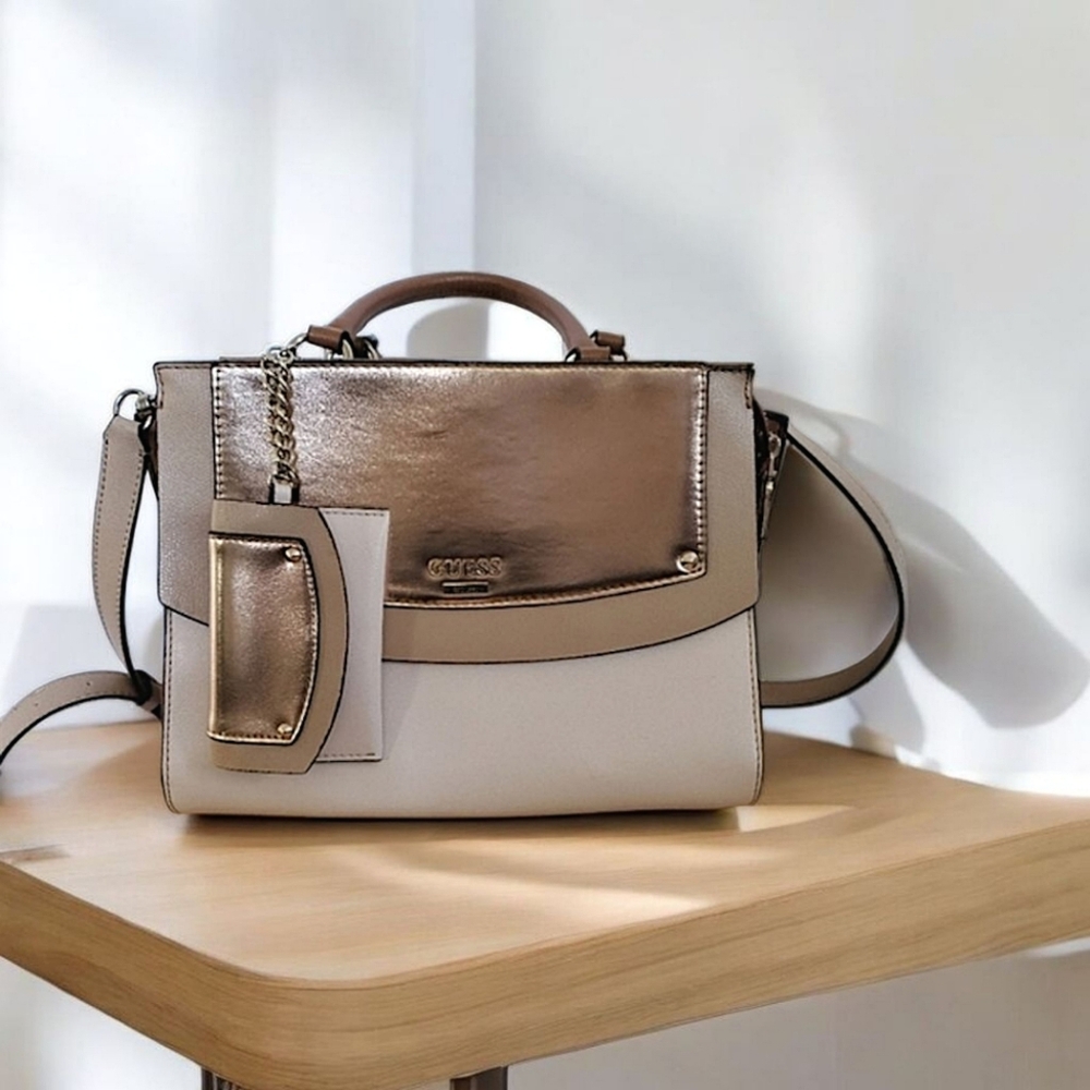 GUESS Cool Mix Handbag | Metallic Bronze & Taupe Satchel with Strap